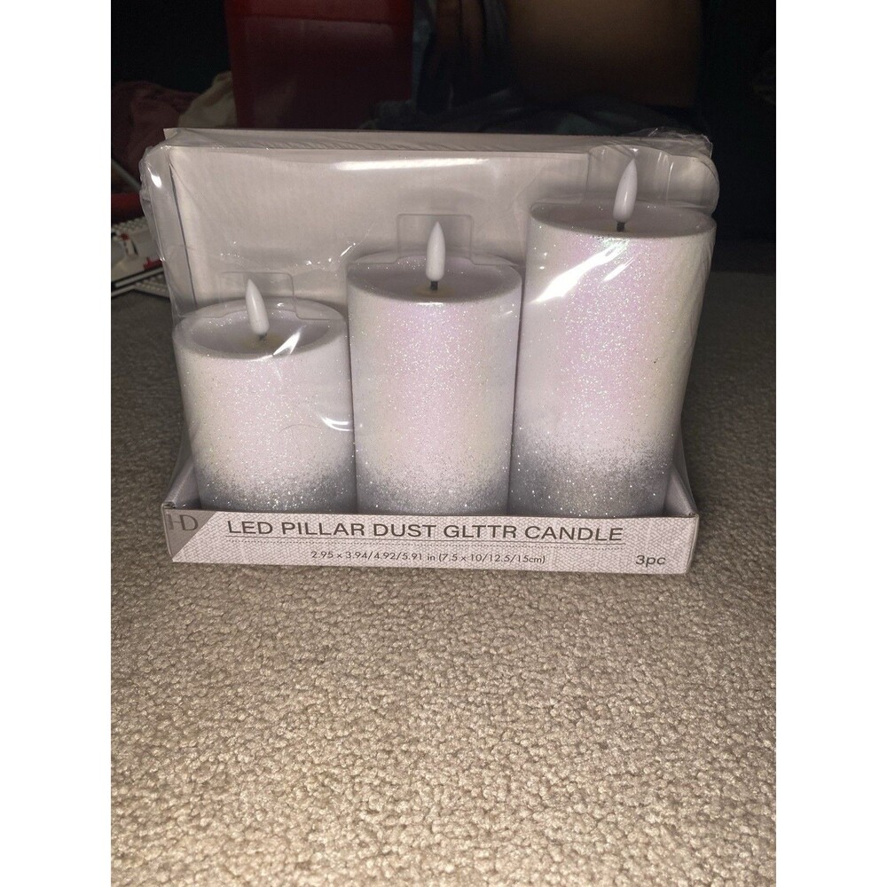 3pc LED Pillar Dust Glitter Candle Set White Silver Ombre New